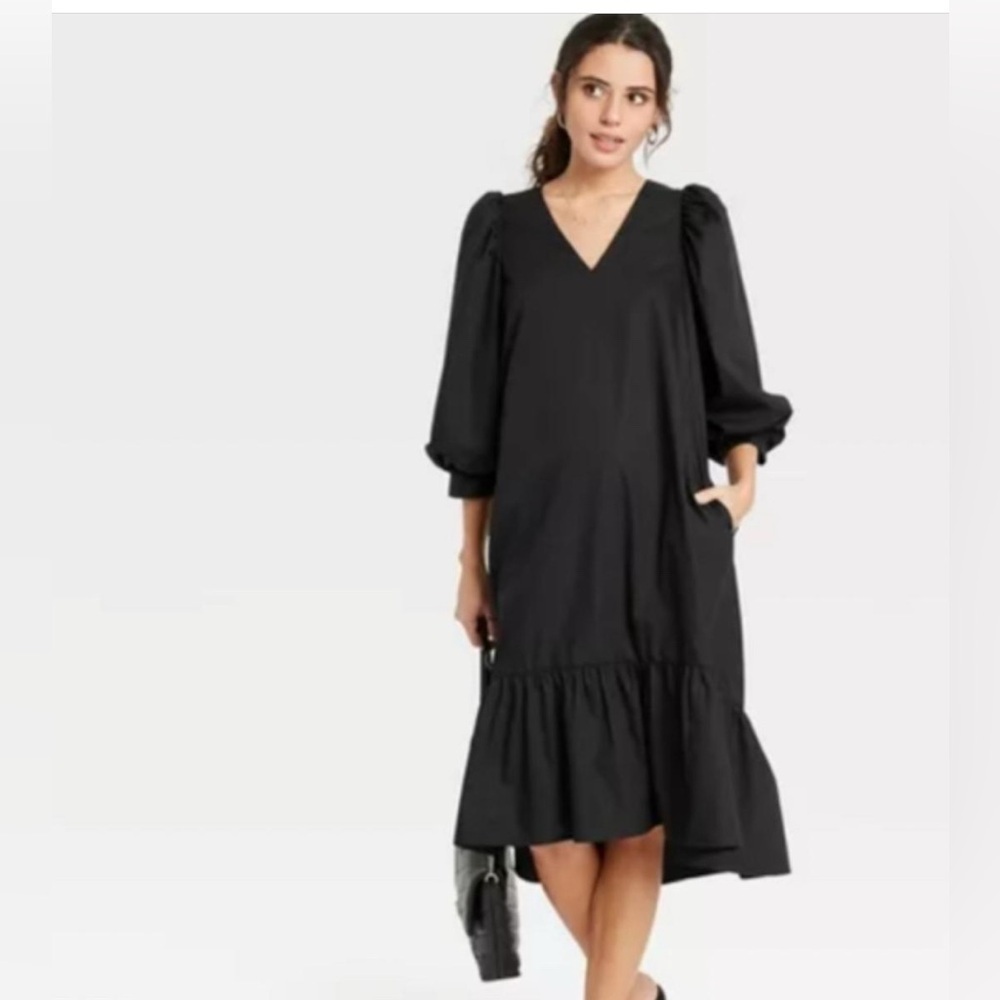 A New Day Black V-Neck Midi Dress with Pockets | Puff Sleeve Ruffle Hem Size M